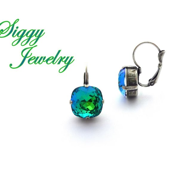 Sphinx Blue Green 12mm Cushion Cut Drop Lever-Back Earrings, Assorted Finishes - Picture 3 of 5